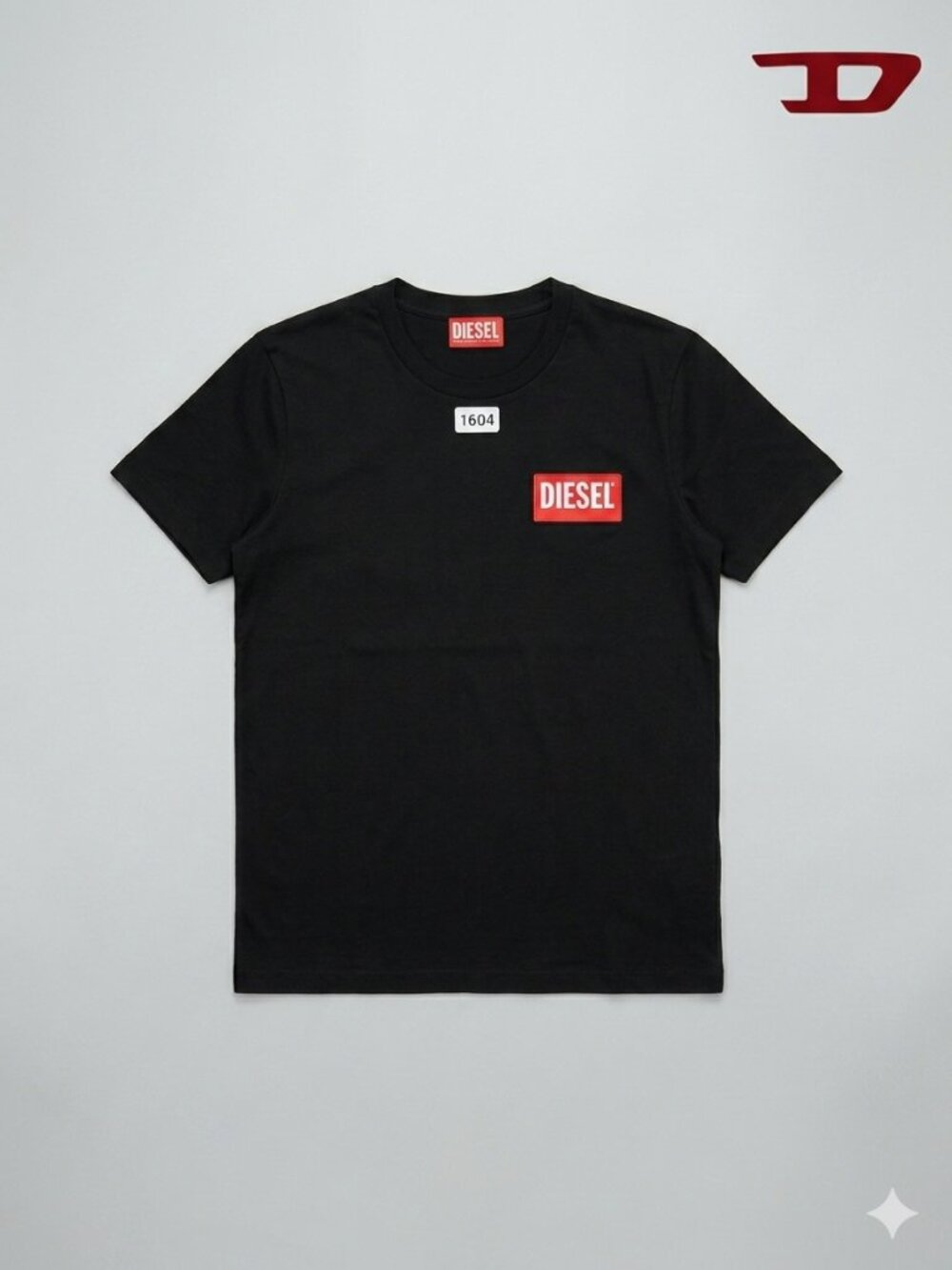 Diesel Black Short Sleeve T-Shirt – Red Box Patch Logo – Size L